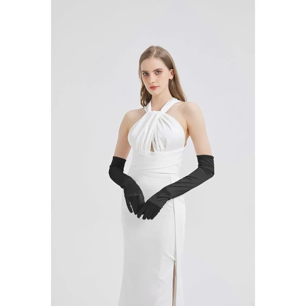 Women's Black Long Imported Satin Elbow Length Halloween Cosplay Opera Gloves